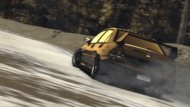 Gold car sliding through a dusty corner