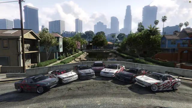 A row of liveried drift cars lined up in Los Santos